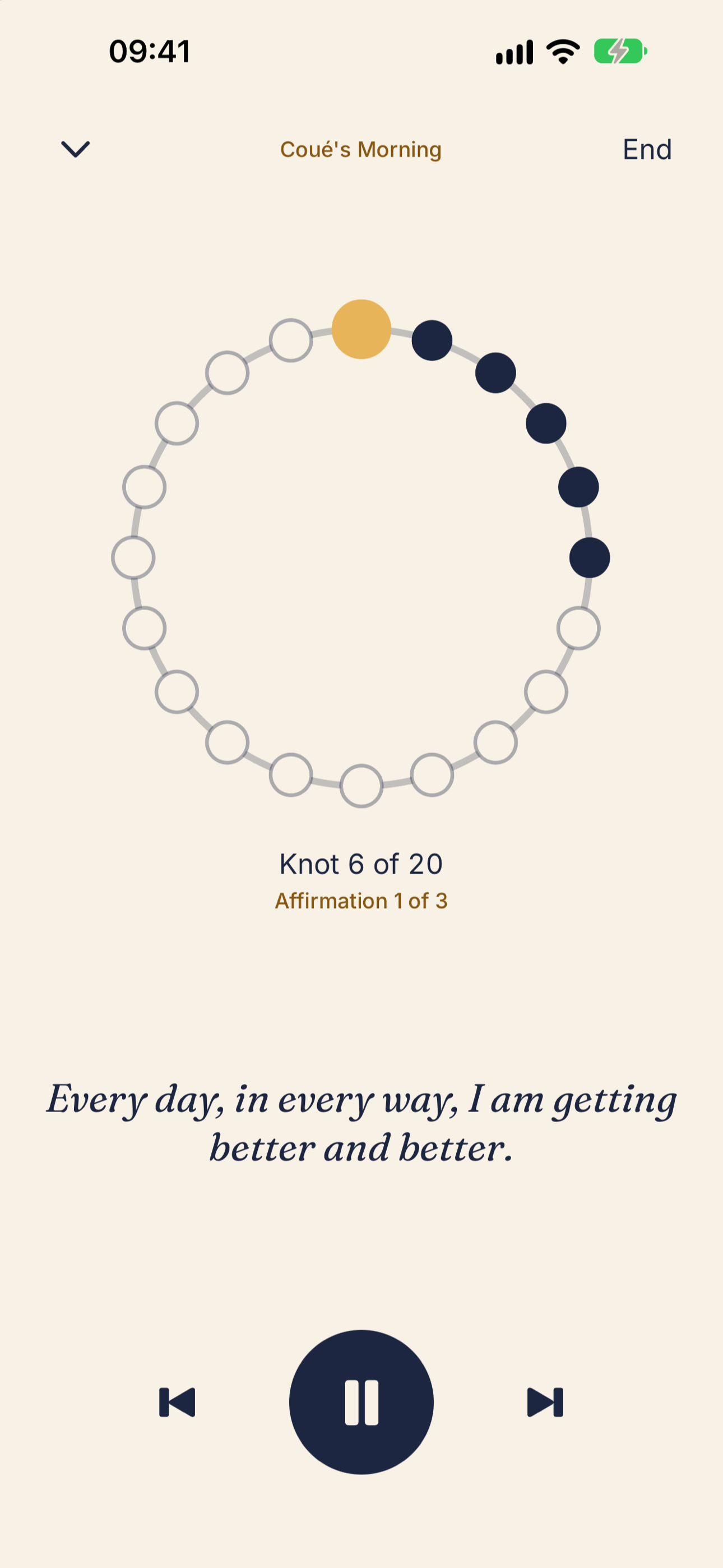 A Twenty Knots session playing, showing the knot count