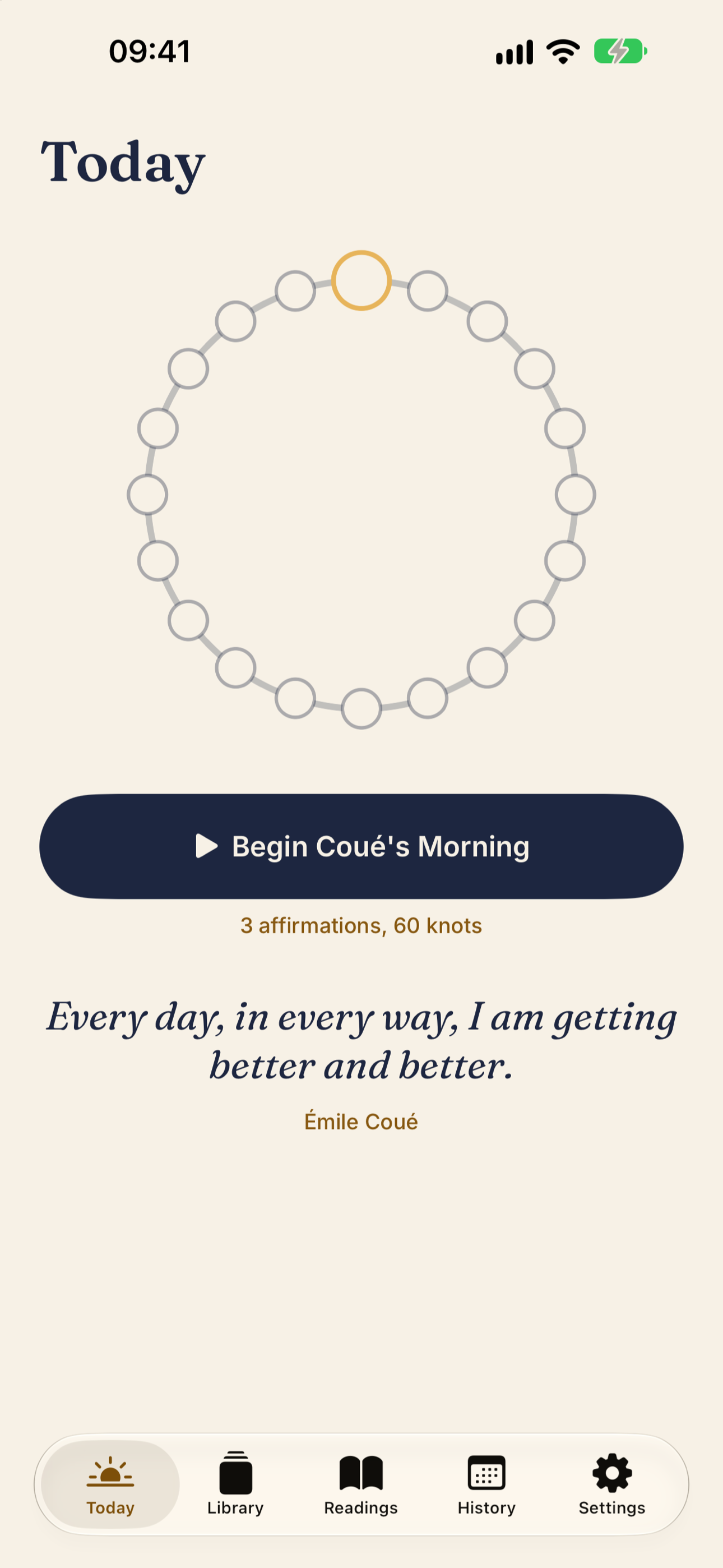 The Twenty Knots Today screen, with the knot ring counting through Coué's formula